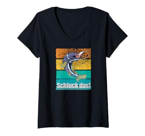 Damen Angeln Angelnrute Angler Hecht Schluck das! Angeln T-Shirt mit V-Ausschnitt von Angeln und Zubehör Geschenke Shirts