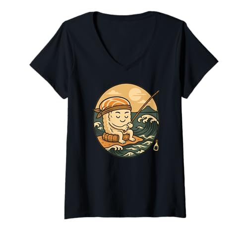 Damen Lustiger Reis Sushi angelt – Angler Vintage Motiv T-Shirt mit V-Ausschnitt von Angelnder Sushi – Lustiges Angler Angelmotiv