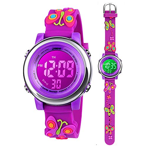 Kleinkind Kinder Digitaluhren für Mädchen Jungen,3D Cute Cartoon 7 Farblichter wasserdichte Sport Elektronische Armbanduhr mit Alarm Stoppuhr für 3-10 Jahre Kinder (Schmetterling-Lila) von Anloo