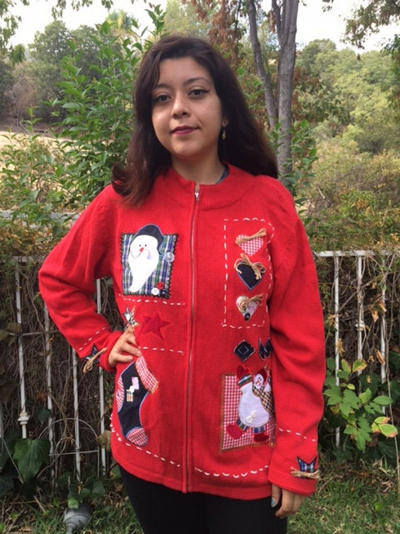 Hässlicher Weihnachtspullover, Rot, Strickpullover, Weihnachtsmann, Schneemann, Größe Groß von AngelsAboundUs