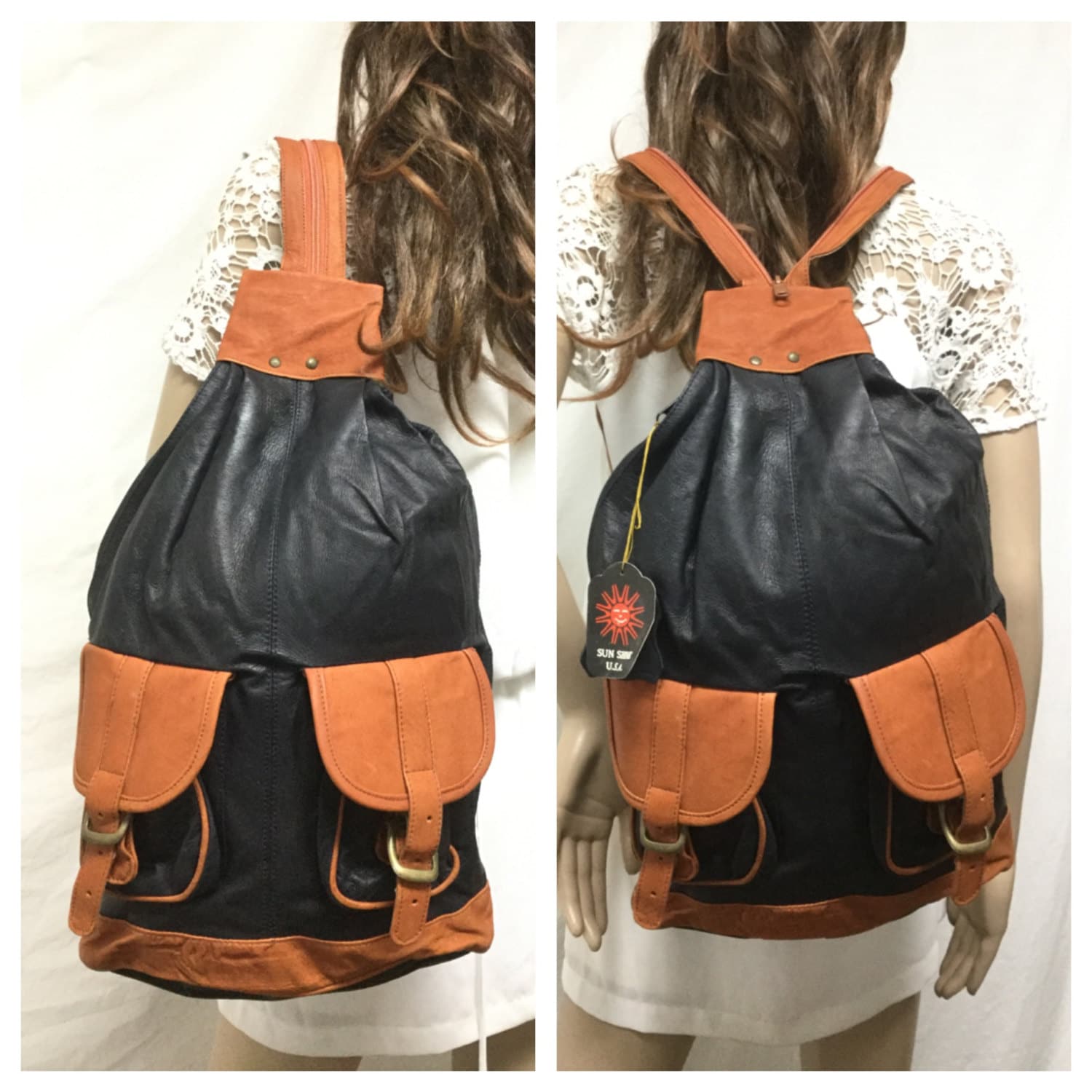 Rucksacktasche, Schwarz, Leder, Rucksack, Braune Borte, Cabrio Zum Schlingen von AngelsAboundUs