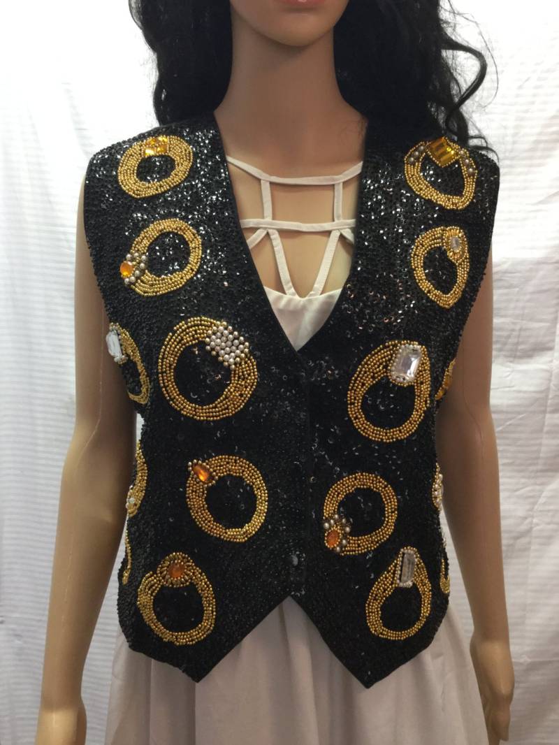 Schwarze Pailletten-Perlenweste, Klein, Medium, Gold, Schwarz von AngelsAboundUs