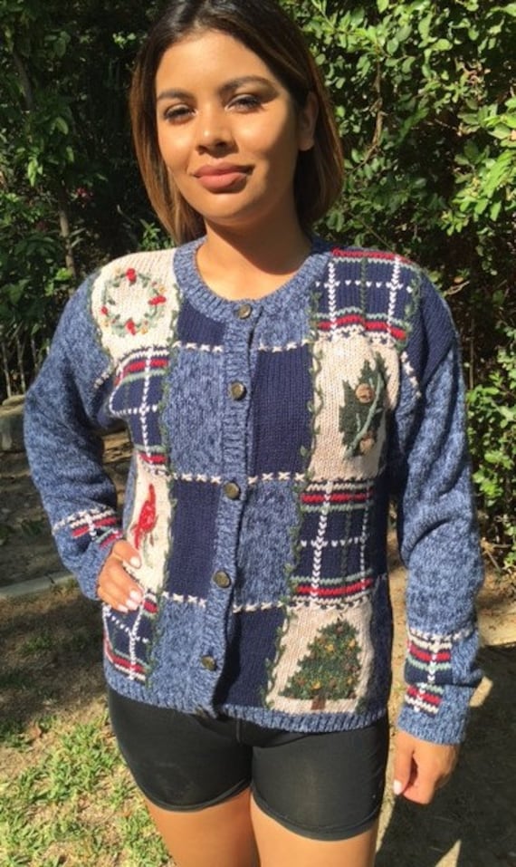 Weihnachtspullover, Cardiganpullover, Mittelblau, Hässlicher Weihnachtspullover von AngelsAboundUs