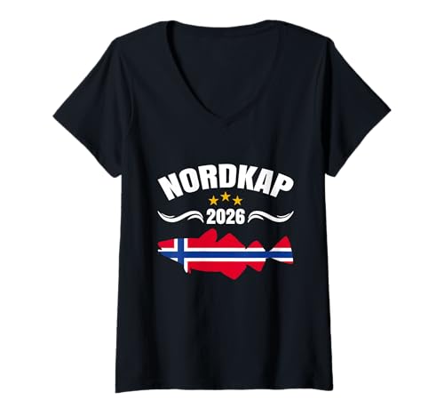 Damen Dorsch Angeln Nordnorwegen Nordkap Norwegen Angeltour 2026 T-Shirt mit V-Ausschnitt Damen Dorsch Angeln Nordnorwegen Nordkap Norwegen Angeltour 2026 T-Shirt mit V-Ausschnitt von Angeltour Norwegen 2026 & Nordkap Souvenir