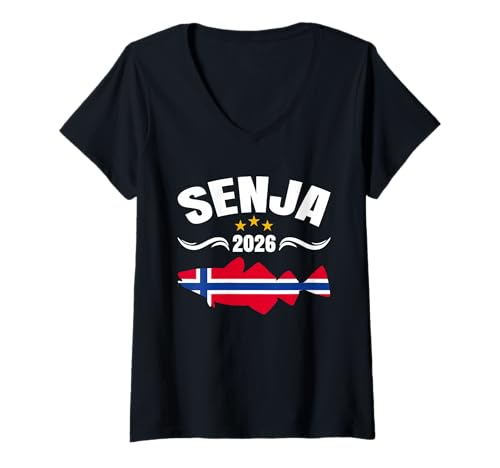 Damen Dorsch Angeln Must Have Senja Norwegen Angeltour 2026 T-Shirt mit V-Ausschnitt von Angeltour Norwegen 2026 und Senja Angeln Must Have