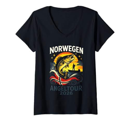 Damen Norwegen Angeltour 2025 - Norwegen Angelurlaub T-Shirt mit V-Ausschnitt von Angeltour Norwegenurlaub 2025 Angeln Reise Fischen
