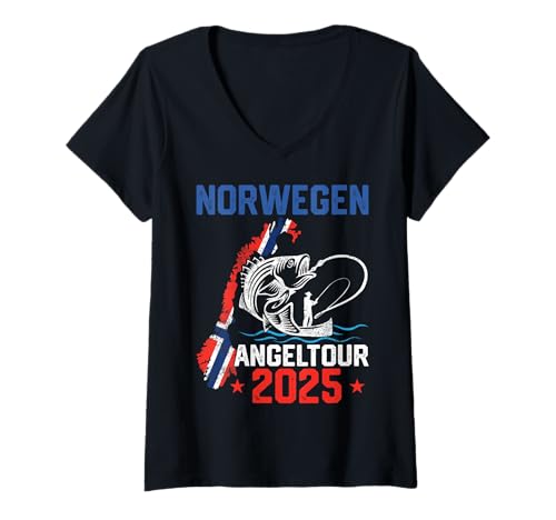 Damen Angeltour Norwegen 2025 T-Shirt mit V-Ausschnitt Damen Angeltour Norwegen 2025 T-Shirt mit V-Ausschnitt von Angelurlaub in Norwegen Anglerteam Designs