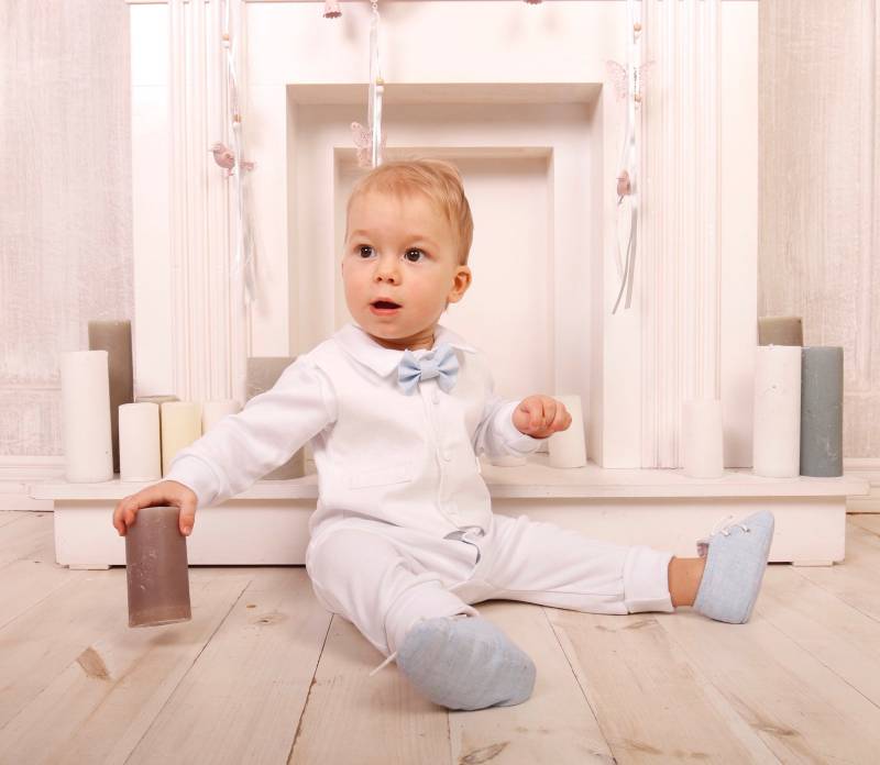 Baby Jungen Segen Outfit, Taufe Outfit All White Blue Fliege, Neugeborenen Coming Home Sommer, Tauf von AngelwearUA