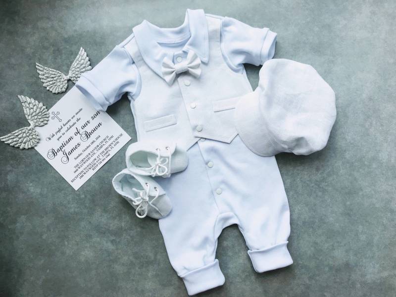 Baby Jungen Taufe Outfit Kurzarm, Leinen Weiß Fliege, Tauf Leinen, Segen von AngelwearUA