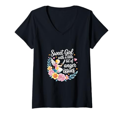 Damen Sweet Girl With A Little Bit Of Anger Issues |---- T-Shirt mit V-Ausschnitt von Angenehme, aber freche Haltung