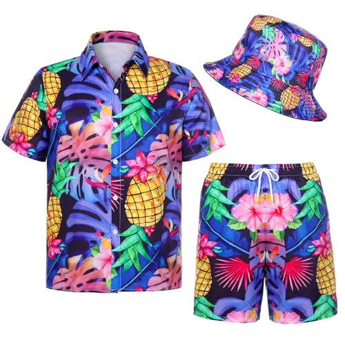 Angenster Hawaii Hemd Männer, 3 Pcs Hawaii Outfit Herren Festival Outfit mit Fischerhut Hawaihemd Shorts, Sommerhemd Herren Flamingo Floral Strandhemd Faltenfrei Urlaub Hemd Set (Ananas, M) von Angenster
