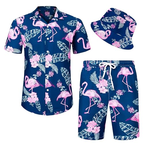 Angenster Hawaii Hemd Männer, 3 Pcs Hawaii Outfit Herren Festival Outfit mit Fischerhut Hawaihemd Shorts, Sommerhemd Herren Flamingo Floral Strandhemd Faltenfrei Urlaub Hemd Set (Blau Rosa, XL) von Angenster