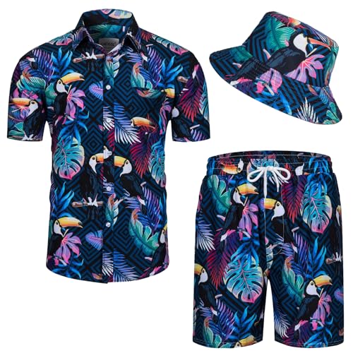 Angenster Hawaii Hemd Männer, 3 Pcs Hawaii Outfit Herren Festival Outfit mit Fischerhut Hawaihemd Shorts, Sommerhemd Herren Flamingo Floral Strandhemd Faltenfrei Urlaub Hemd Set (Schwarz Blau, 2XL) von Angenster