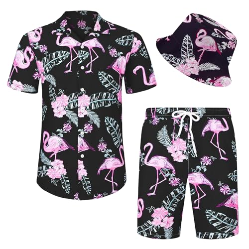 Angenster Hawaii Hemd Männer, 3 Pcs Hawaii Outfit Herren Festival Outfit mit Fischerhut Hawaihemd Shorts, Sommerhemd Herren Flamingo Floral Strandhemd Faltenfrei Urlaub Hemd Set (Schwarz Rosa, M) von Angenster