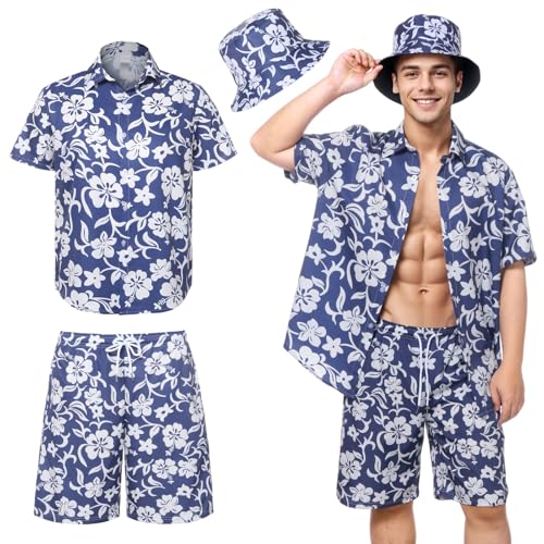 Angenster Hawaii Hemd Männer,3Pcs Herren Hawaiihemd mit Fischerhut Casual Freizeit Flamingo-Blumenmuster Kurzarmhemd (Blau, S) von Angenster