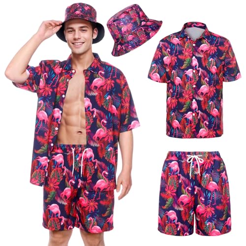 Angenster Hawaii Hemd Männer,3Pcs Herren Hawaiihemd mit Fischerhut Casual Freizeit Flamingo-Blumenmuster Kurzarmhemd (Flamingo, M) von Angenster