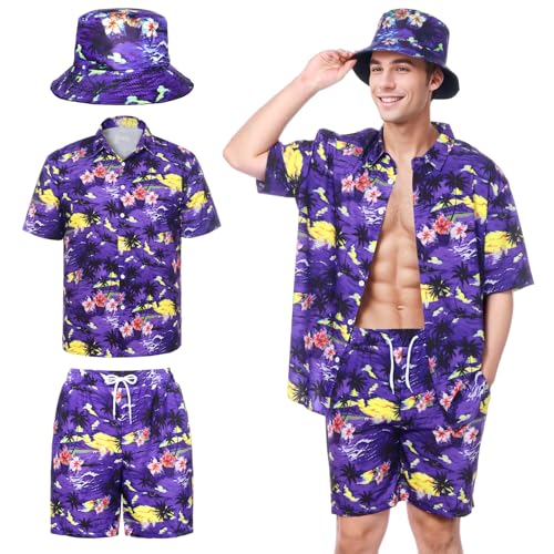 Angenster Hawaii Hemd Männer,3Pcs Herren Hawaiihemd mit Fischerhut Casual Freizeit Flamingo-Blumenmuster Kurzarmhemd (Lila, S) von Angenster