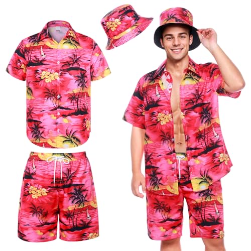 Angenster Hawaii Hemd Männer,3Pcs Herren Hawaiihemd mit Fischerhut Casual Freizeit Flamingo-Blumenmuster Kurzarmhemd (Rot A, L) von Angenster
