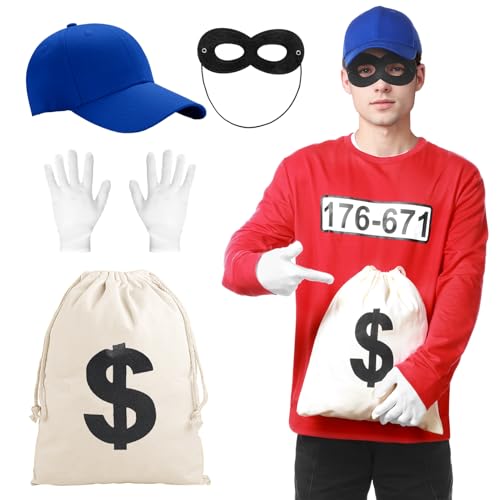 Angenster Herren Bankräuber Kostüm T-Shirt, Panzerknacker Kostüm Karneval Outfit mit Langarm-Shirt Maske Handschuhe, Herren Damen Banditen Fasching Karneval Kostüme (Stil B, M) von Angenster