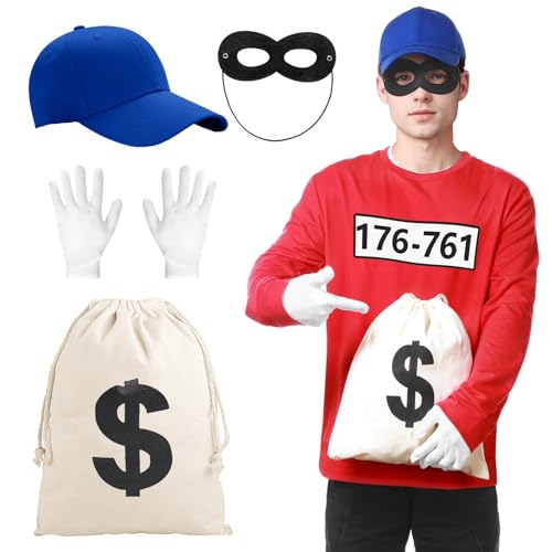 Angenster Herren Bankräuber Kostüm T-Shirt, Panzerknacker Kostüm Karneval Outfit mit Langarm-Shirt Maske Handschuhe, T-Shirt Herren Banditen Fasching Karneval Kostüme für Herren Damen (Stil C, S) von Angenster