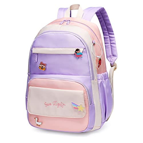 Angerat Kawaii Rucksack, 18 Zoll Mehrfarbig Schulrucksack Mädchen Teenager Daypacks Mit DIY Anhänge, Wasserdicht Schultasche für Büro Schule Travel (Lila) von Angerat