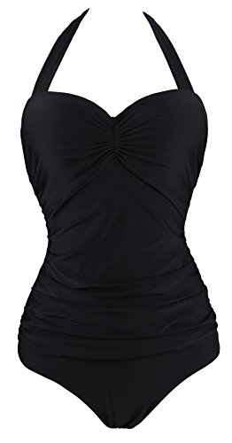 Angerella Vintage 50er Pin-Up Einteiliger Badeanzug mit Nackenband Monokini Gr. 44, schwarz von Angerella