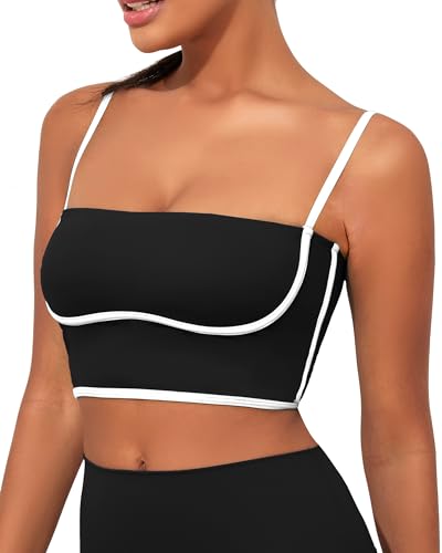 Damen Workout Tank Tops quadratischer Ausschnitt Longline Sport BH Unterstützung Crop Yoga Top Spaghettiträger Camisole Eingebaute BHS, Schwarzer Longline Sport-BH, Klein von AngiMelo