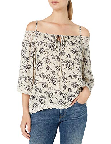 Angie Damen Gedruckt Cold Shoulder Top mit Spitze und Quasten, elfenbeinfarben, Groß von Angie