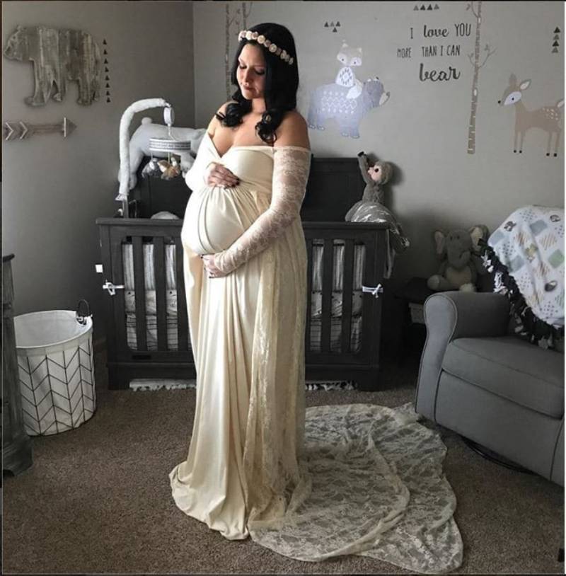 Babyshower Spitze Mutterschaft Off Schulter Kleid W Lange Lacetrain/Customizable/Madetoorder/Soft Knit Jersey Shoot Kleid/Plus Größen von AngieKDesigns