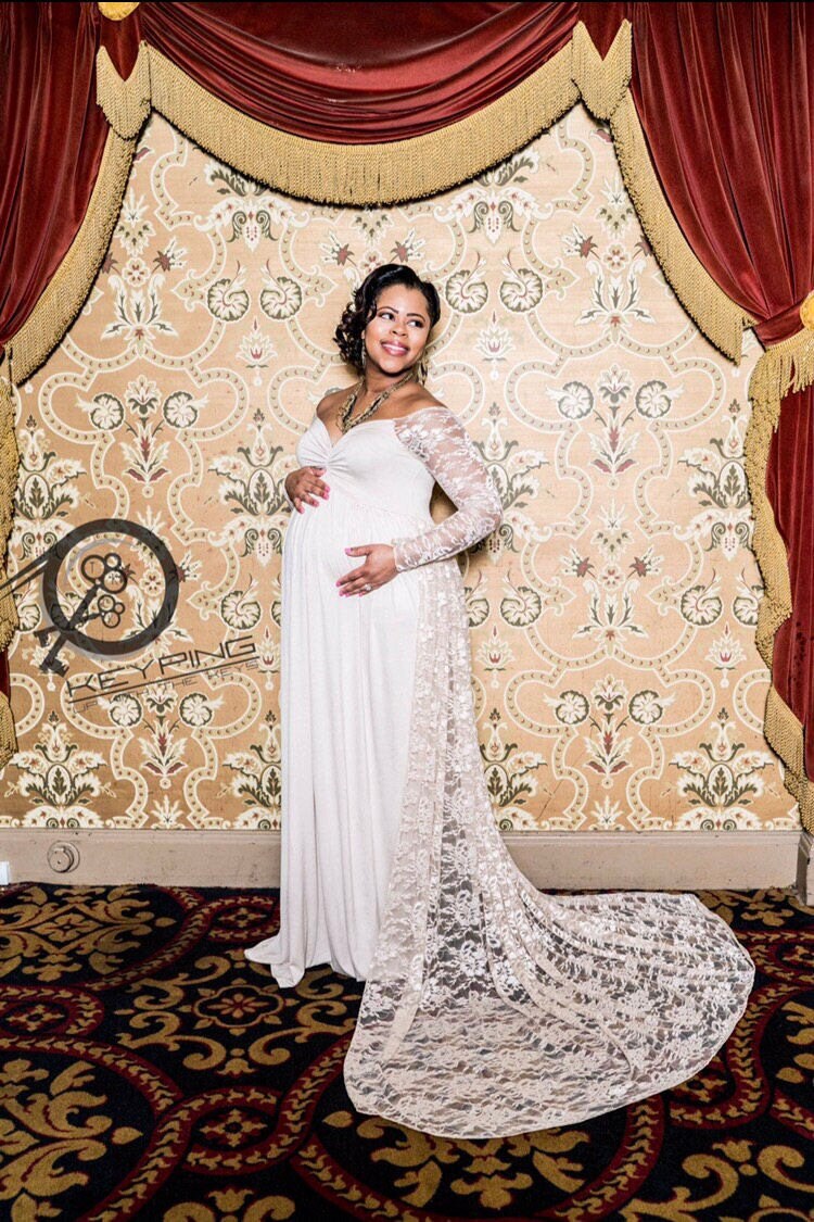 Elegant Spitze Lang/Kurze Ärmel Off Schulter W Lange Chiffon Zug/Soft Knit Jersey Mutterschaft Shoot Kleid/Baby-Dusche-Kleid/Plus Größen von AngieKDesigns