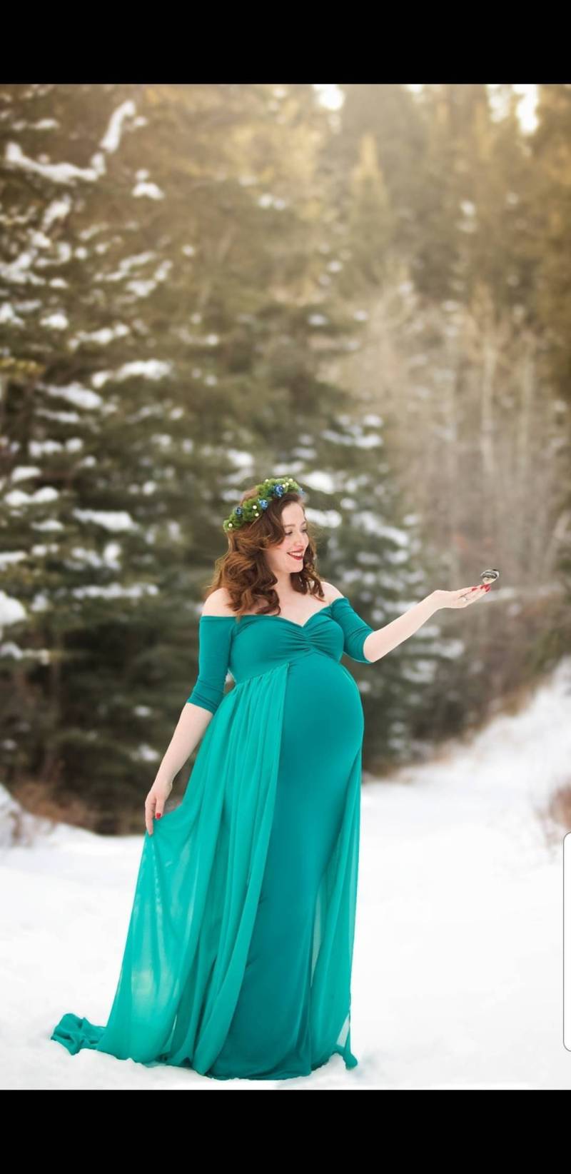 Teal Dove-Slimfitted Jersey/Double Attached/Detached Chiffon 90"-110"Train/Off Shoulder/Umstandskleid/Babyshowerkleid/Plus Größen von AngieKDesigns