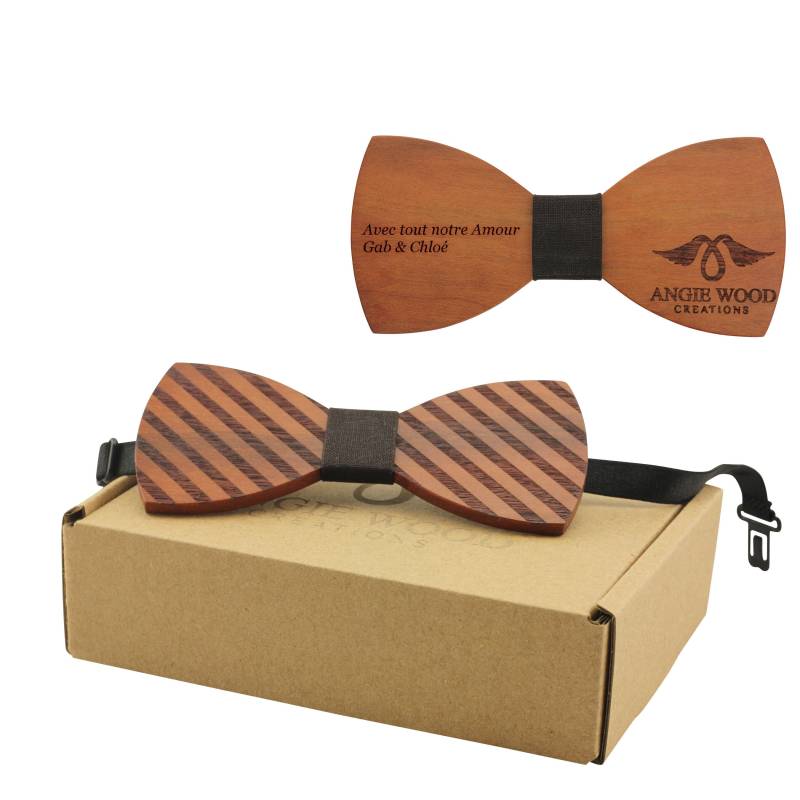 Gravierte Gestreifte Rote Sandelholz-Fliege Mit Verstellbarem Halsband - Brown Denim Center | B0116, Holzfliege von AngieWoodCreationsCo