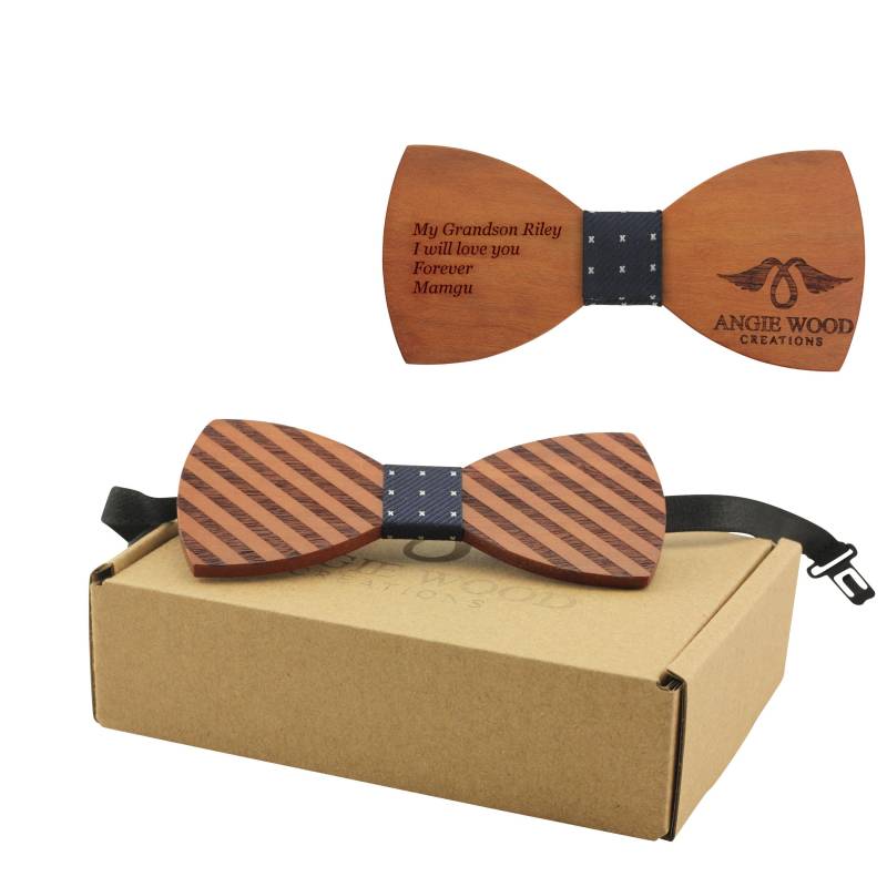 Gravierte Gestreifte Rote Sandelholz-Fliege Mit Verstellbarem Halsband - Gepunktetes Blaues Zentrum | B0113, Holzfliege von AngieWoodCreationsCo