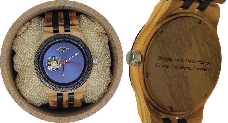 Gravierte Olivenholz Herrenuhr Mit Blauem Ziffernblatt Und Selbstaufzug, Personalisierte Holz Uhr(W110 von AngieWoodCreationsCo