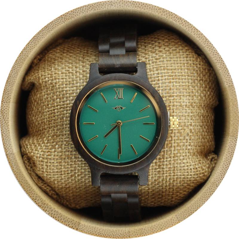 Gravierte Schwarze Sandelholz Damenuhr Mit Smaragdgrünem Ziffernblatt, Personalisierte Holz Uhr(W046 von AngieWoodCreationsCo