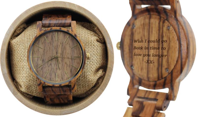 Gravierte Zebrano-Holz Herrenuhr Mit Goldenen Zeigern Und Ziffernblatt, Personalisierte Holz Uhr(W008 von AngieWoodCreationsCo