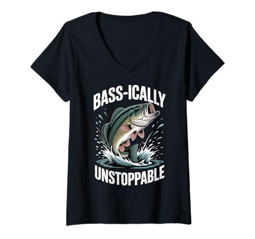 Damen Bass-ically Unstoppable T-Shirt mit V-Ausschnitt von Angler Bassfisch Fischer Angeln Wortspiel