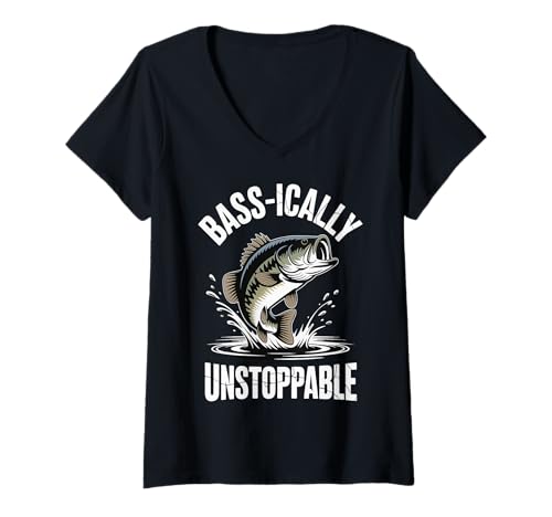 Damen Bass-ically Unstoppable T-Shirt mit V-Ausschnitt von Angler Bassfisch Fischer Angeln Wortspiel