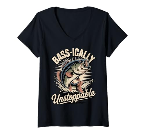 Damen Bass-ically Unstoppable T-Shirt mit V-Ausschnitt von Angler Bassfisch Fischer Angeln Wortspiel