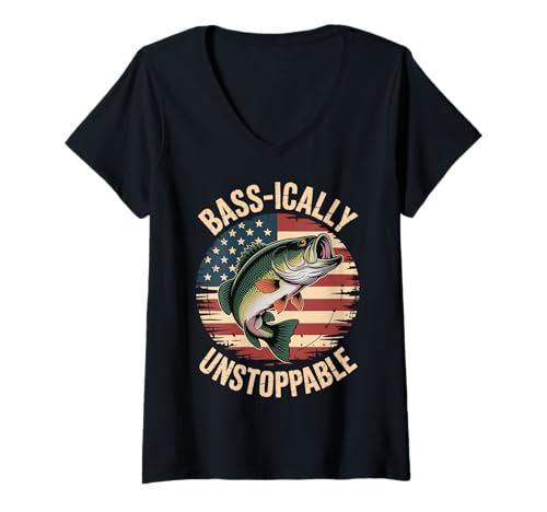 Damen Bass-ically Unstoppable T-Shirt mit V-Ausschnitt von Angler Bassfisch Fischer Angeln Wortspiel