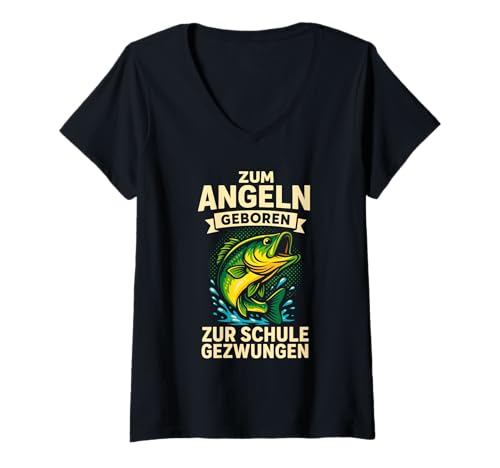 Damen Zum Angeln geboren – Zur Schule gezwungen T-Shirt mit V-Ausschnitt Damen Zum Angeln geboren – Zur Schule gezwungen T-Shirt mit V-Ausschnitt von Angler Fischen Schule Humor
