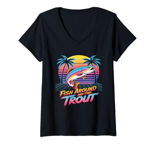 Damen Fische herum und Finden Forellen 80er Jahre Vintage Angeln T-Shirt mit V-Ausschnitt Damen Fische herum und Finden Forellen 80er Jahre Vintage Angeln T-Shirt mit V-Ausschnitt von Angler Fishing Trout Humor Outdoor Lake River