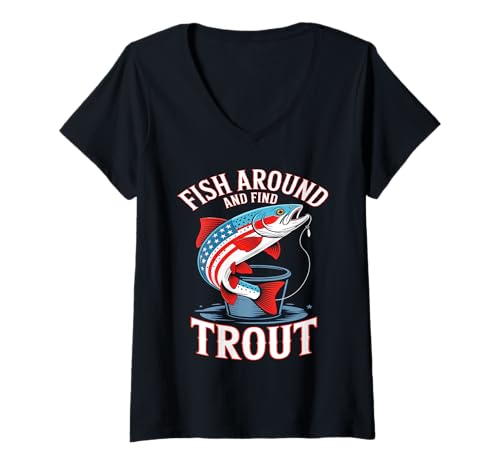 Damen Fish Around and Find Trout US Flag Vintage Fishing T-Shirt mit V-Ausschnitt Damen Fish Around and Find Trout US Flag Vintage Fishing T-Shirt mit V-Ausschnitt von Angler Fishing Trout Humor Outdoor Lake River