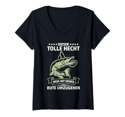 Damen Angler DIESER TOLLE HECHT WEIß MIT SEINER RUTE Männer T-Shirt mit V-Ausschnitt von Angler Geschenk Hecht Angeln Hobby T-Shirt Angler
