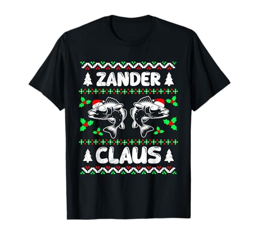 ZANDER CLAUS Angler T-Shirt: Unisex-Erwachsene & Kinder, Schwarz, S, Kurzarm, Cartoon-Muster: 'Zander Angeln', Angler, Fishing Enthusiasts von Angler Geschenk Zander Angeln Hobby T-Shirt Angler
