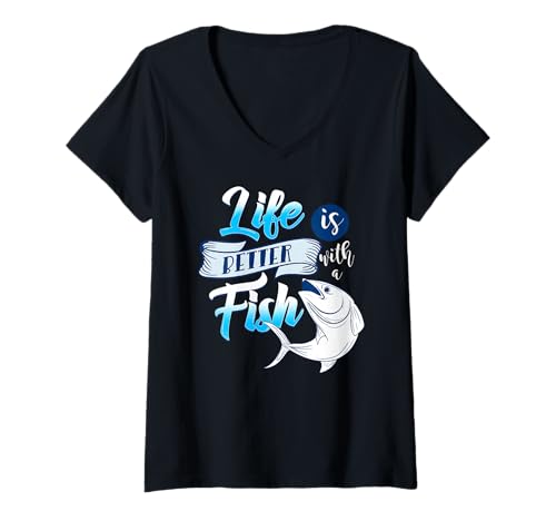 Damen Leben ist Besser mit Fisch Lustiger Ozean-Spruch T-Shirt mit V-Ausschnitt von Anglerfreunde und Wasserwelt-Fans