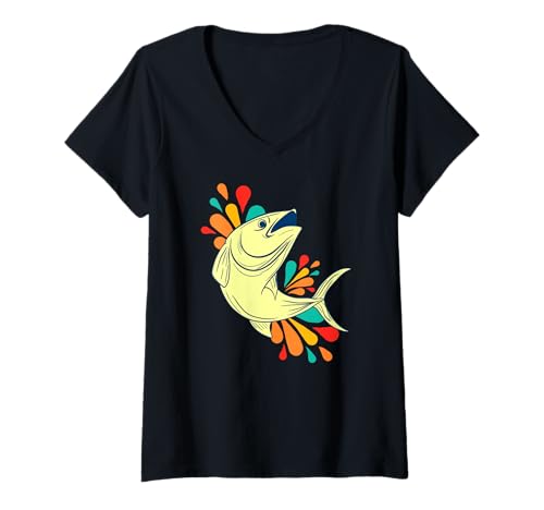 Damen Springender Fischwitz Bunte Spritzszene am Meer T-Shirt mit V-Ausschnitt Damen Springender Fischwitz Bunte Spritzszene am Meer T-Shirt mit V-Ausschnitt von Anglerhumor Ozeantiere Fans und Spaß