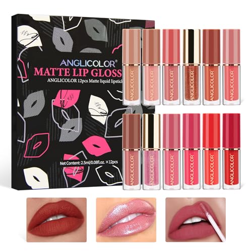 12 Colors Matt Ink Lippenstift Set Velvet Matt Nudetöne Rose Pink Waterproof Long-Lasting Non-Stick Cup Not Fade Shimmer Lip Gloss Roter Liquid Lipstick Set For Women (12PC) von Anglicolor