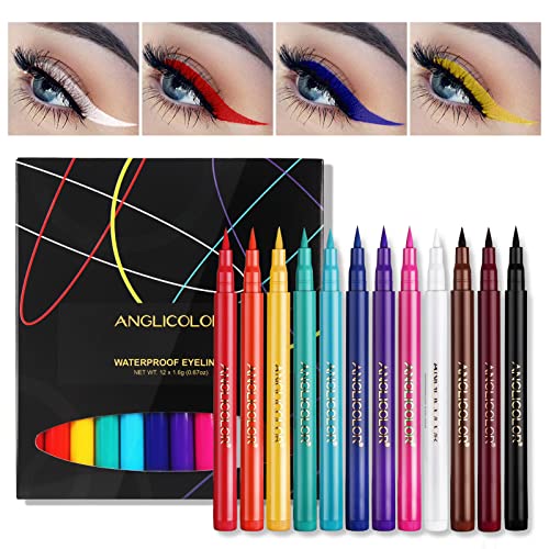 12 Farben Liquid Eyeliner Set, Matte Eyeliner Liquid, Eyeliner für Frauen Make-up Eyeliner Wischfest Glatter Langlebiger Eyeliner Wasserdicht Multifunktionale Farbmalerei Kosmetisches Werkzeug (A) von Anglicolor