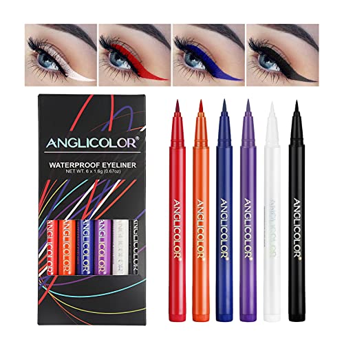 Anglicolor 12 Farben farbiger Eyeliner, matter flüssiger Eyeliner, haltbarer wasserfester flüssiger Eyeliner-Stift, hochpigmentierter wischfester bunter Eyeliner für Hochzeitsparty (6 Farben) von Anglicolor